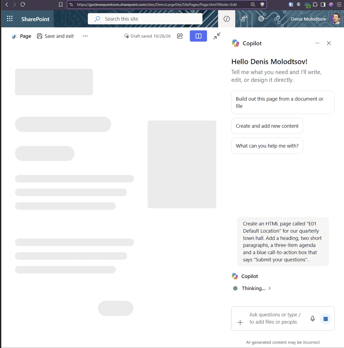 The draft page showing placeholder blocks while Copilot generates the content