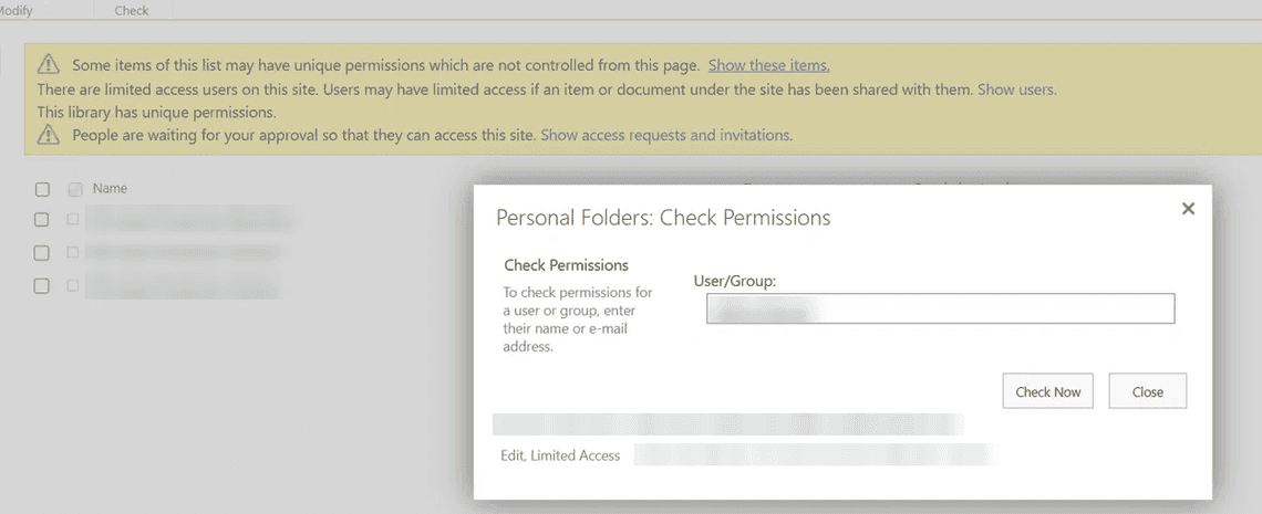 Check Permissions: the user has Edit and Limited Access through the site Members group