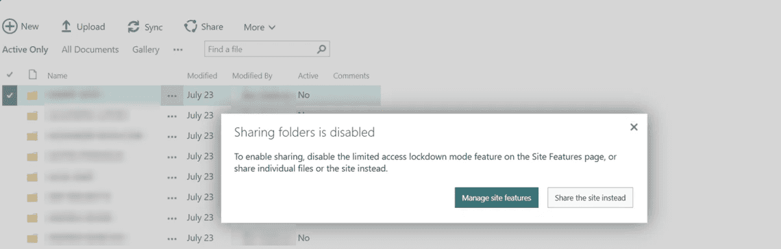 Classic view: Sharing folders is disabled because of lockdown mode