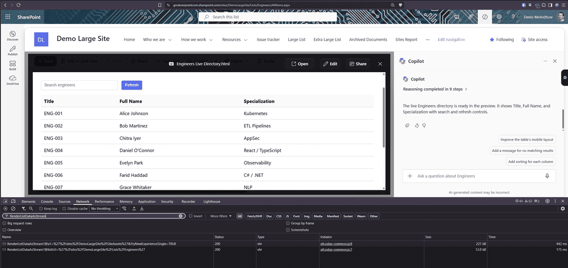The live page, with the list request open in the browser's developer tools