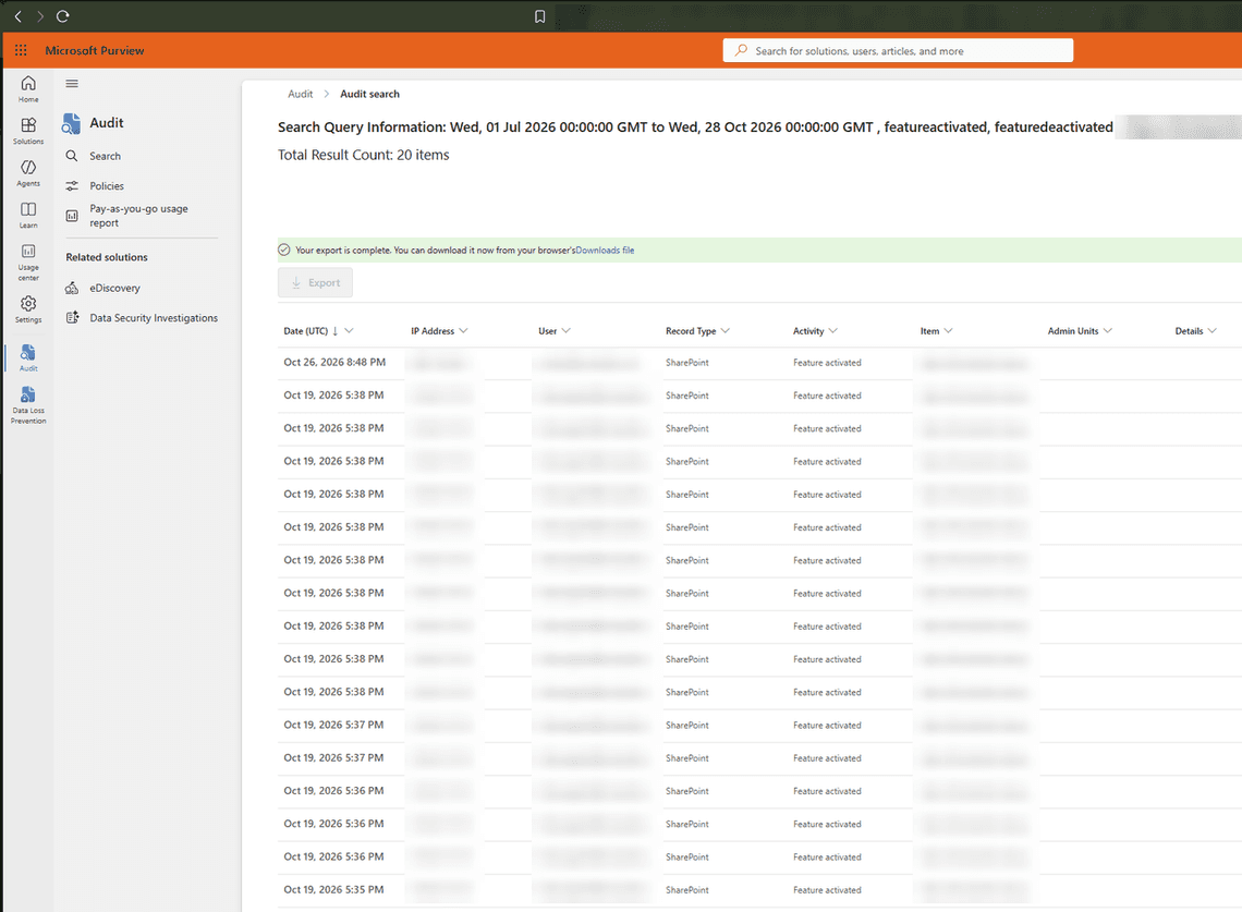Audit results: feature activations by the migration account during the ShareGate run