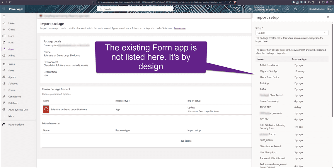 Import setup Update dropdown does not list the customized form