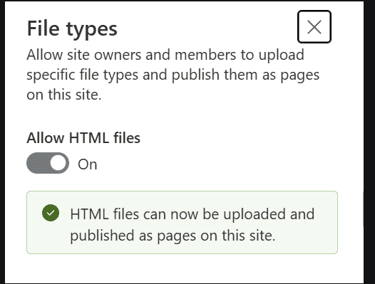 File types panel with Allow HTML files switched On