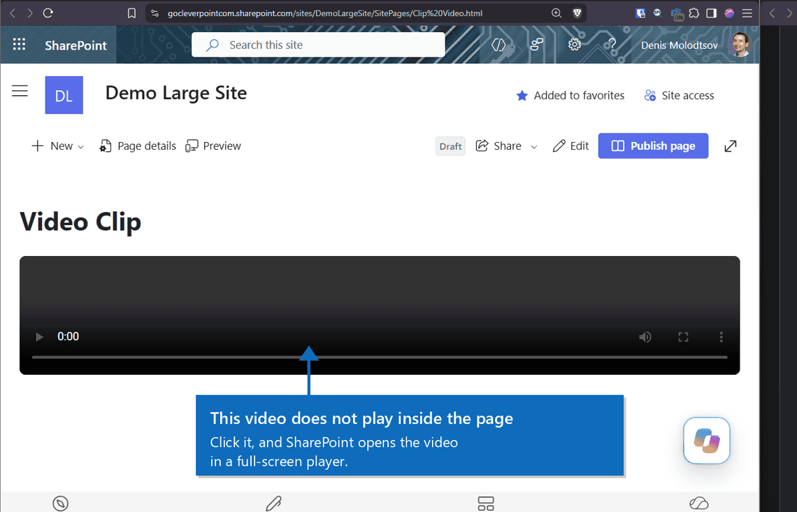 A video player on the page. Clicking it opens the pop-up player.