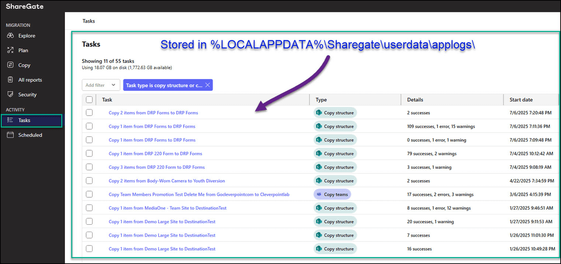 ShareGate Tasks UI showing migration history