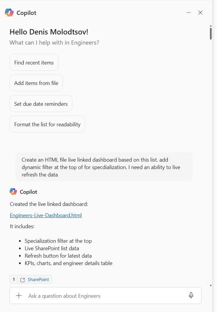 Copilot creating a live-linked HTML file from the Engineers list