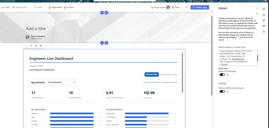 The Embed web part accepting the generated markup