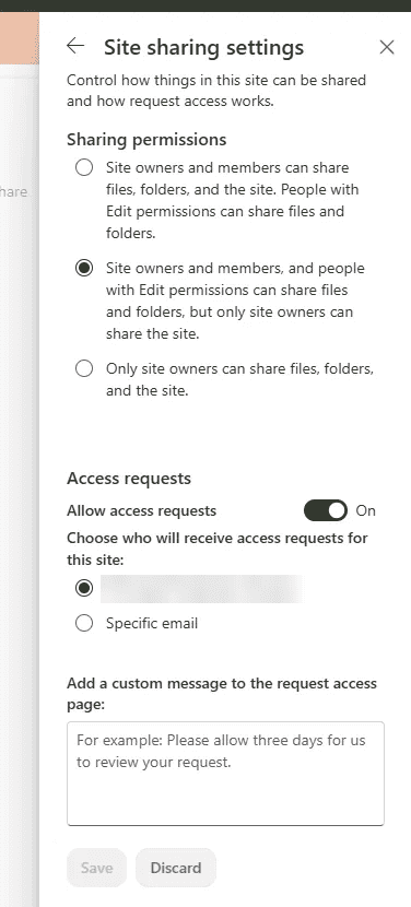Site sharing settings: members and people with Edit permissions can share files and folders