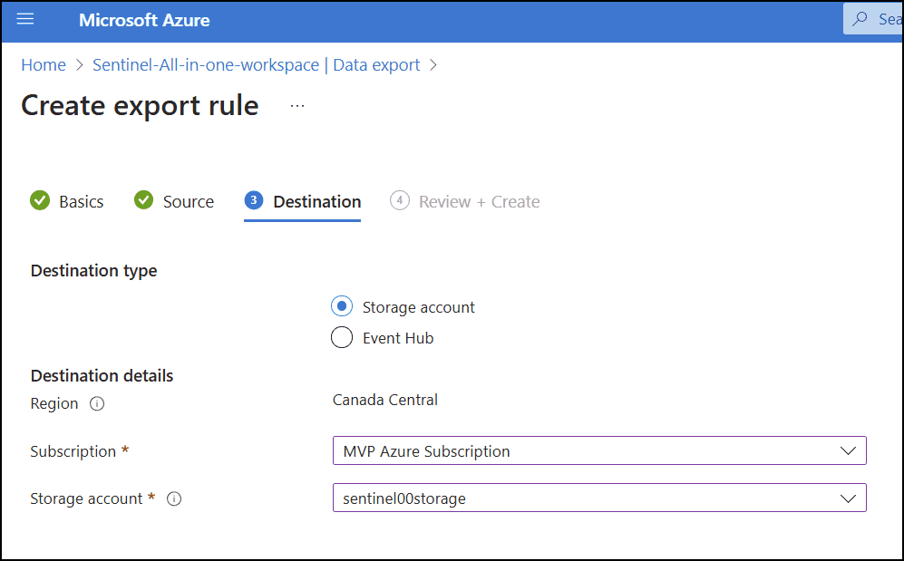 Storage account - destination for data export