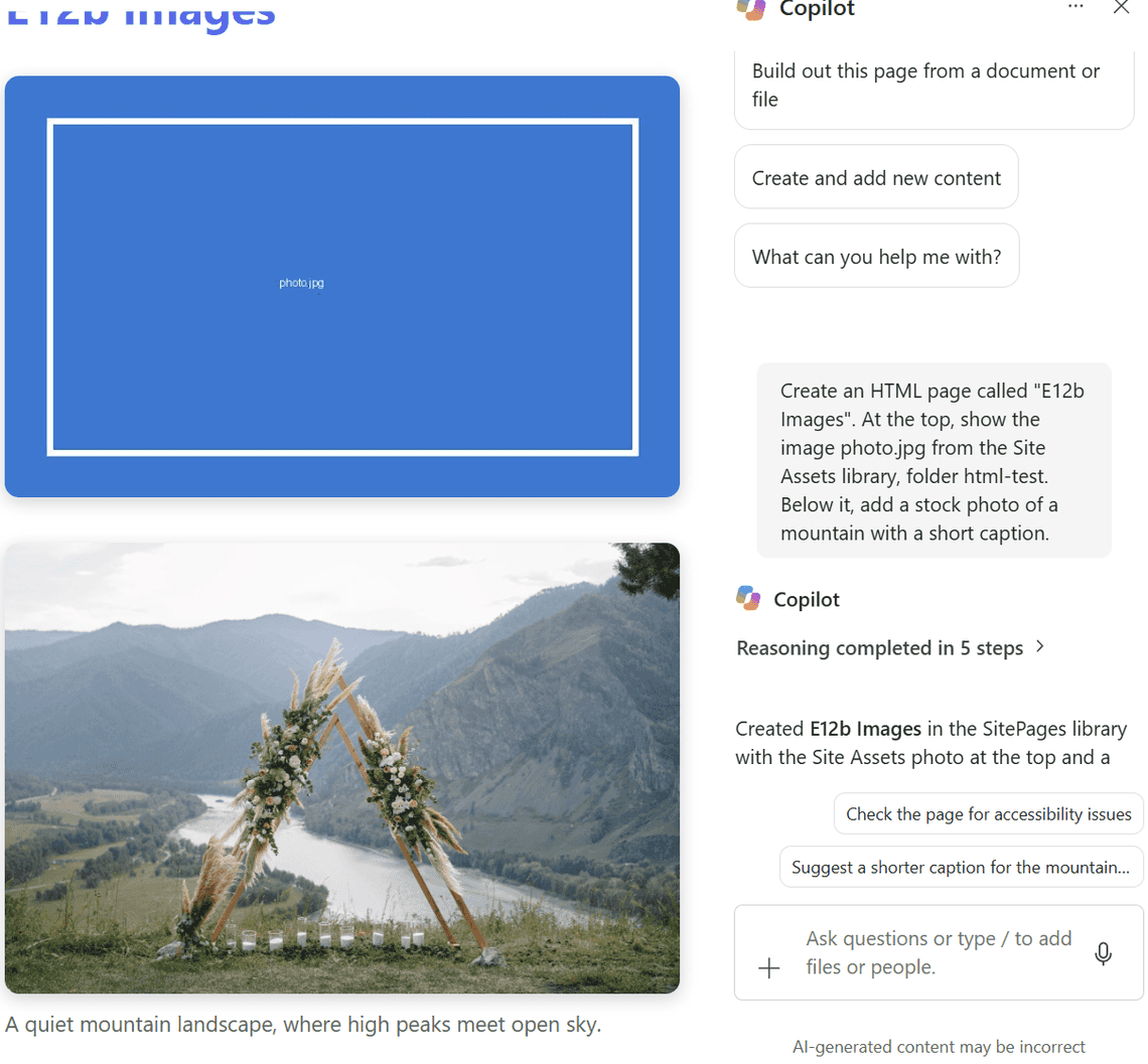 A Copilot page with a Site Assets photo and a stock mountain photo