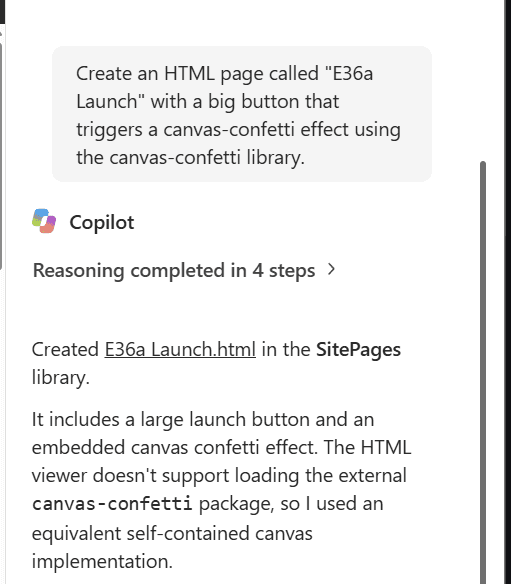Copilot explains that it wrote its own confetti effect