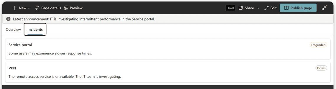 The Incidents tab shows only the services with problems