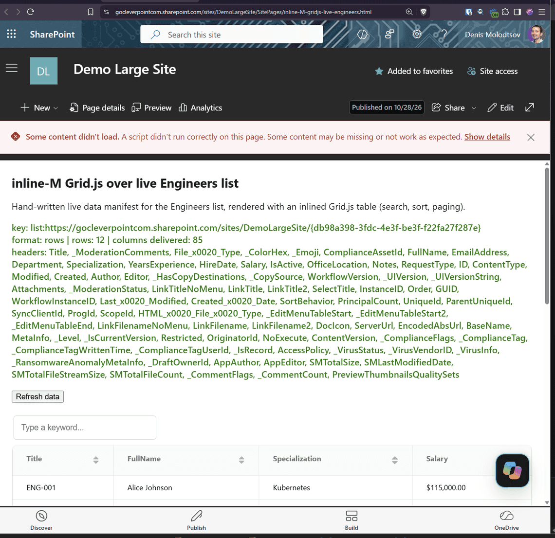 The uploaded test page reports 12 rows and 85 columns received