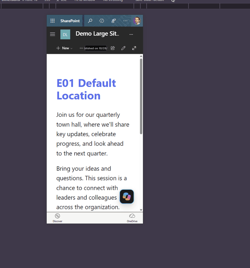 An HTML page at phone width in the browser's phone simulator