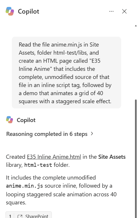 The request asking Copilot to copy anime.min.js from Site Assets into the page