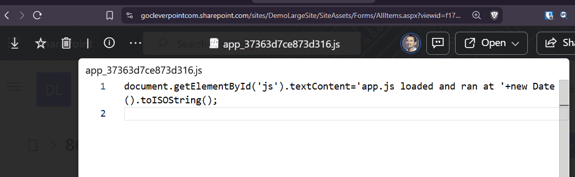 The script file, renamed and moved to Site Assets
