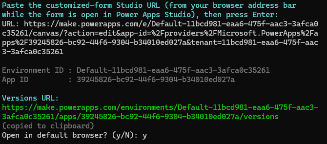 Get-VersionsUrl.bat console output: pasted Studio URL, parsed Environment ID and App ID, Versions URL copied to clipboard, prompt to open in browser