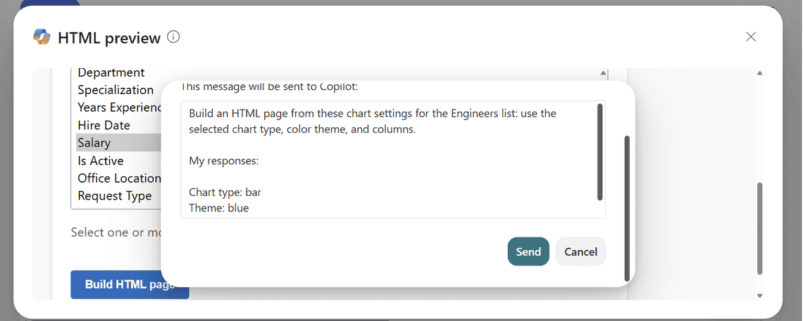 Send to chat? with the request text and Send and Cancel buttons