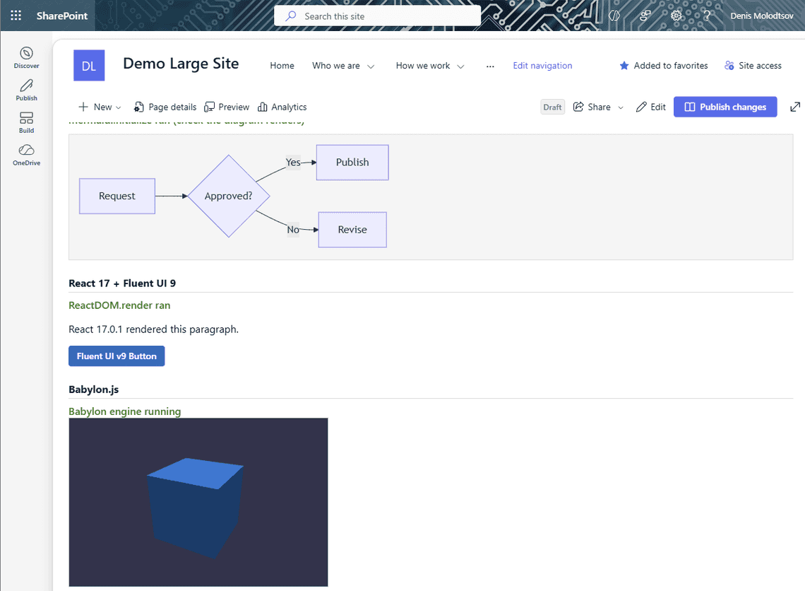 A test page with Chart.js, Mermaid, React, Fluent UI and Babylon all working