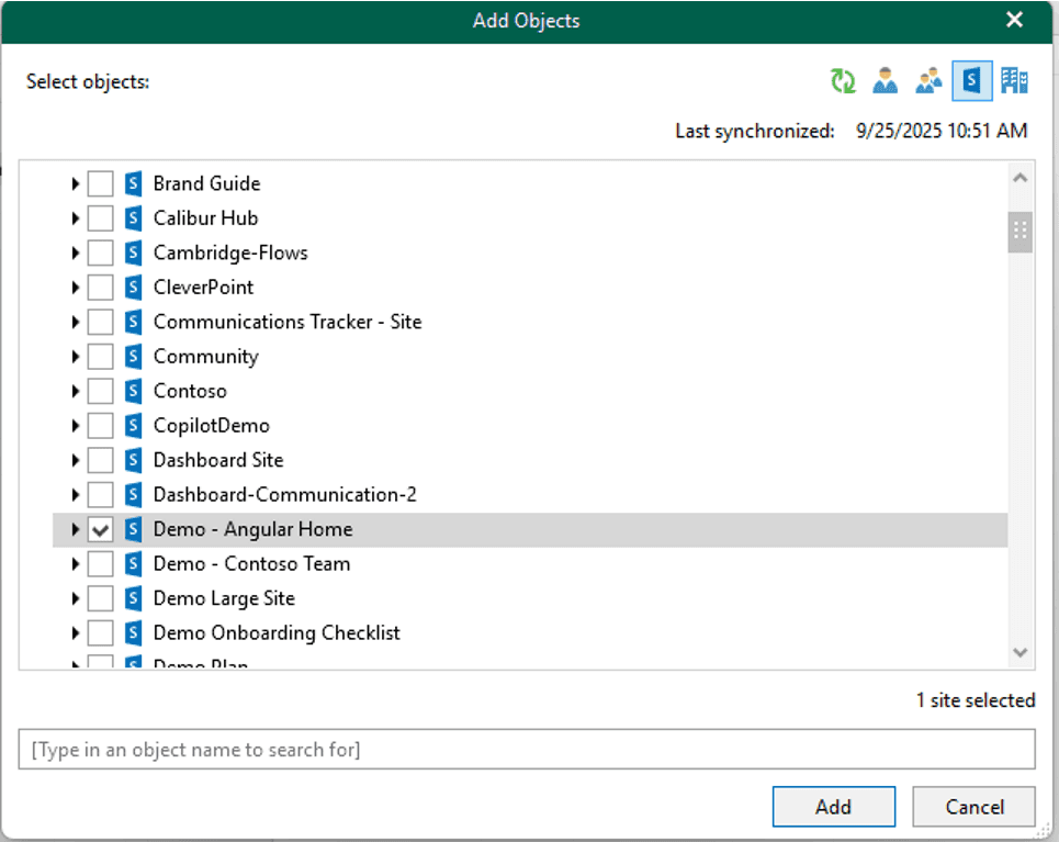 Select objects to back up