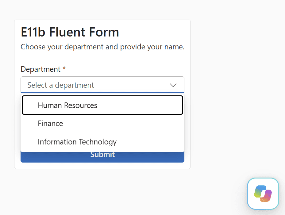 A Fluent UI form with an open dropdown