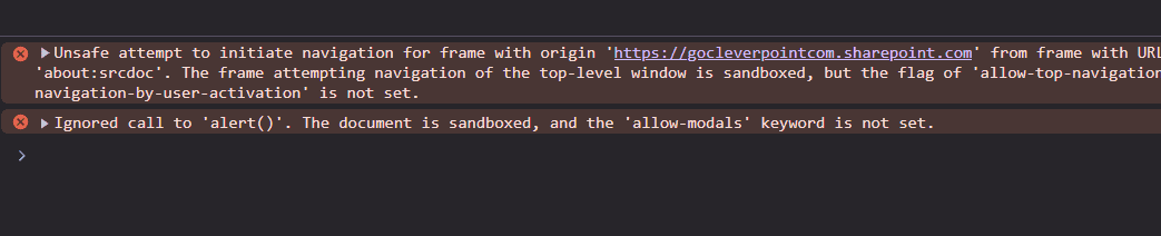 The browser console: the script was not allowed to change the browser window or show an alert