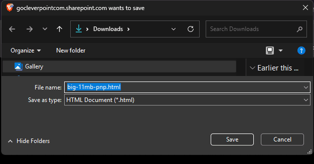 Opening an 11 MB HTML file from Site Pages downloads it instead of showing it
