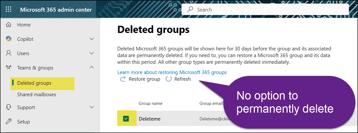 No way to delete M365 group / Team from the recycle bin