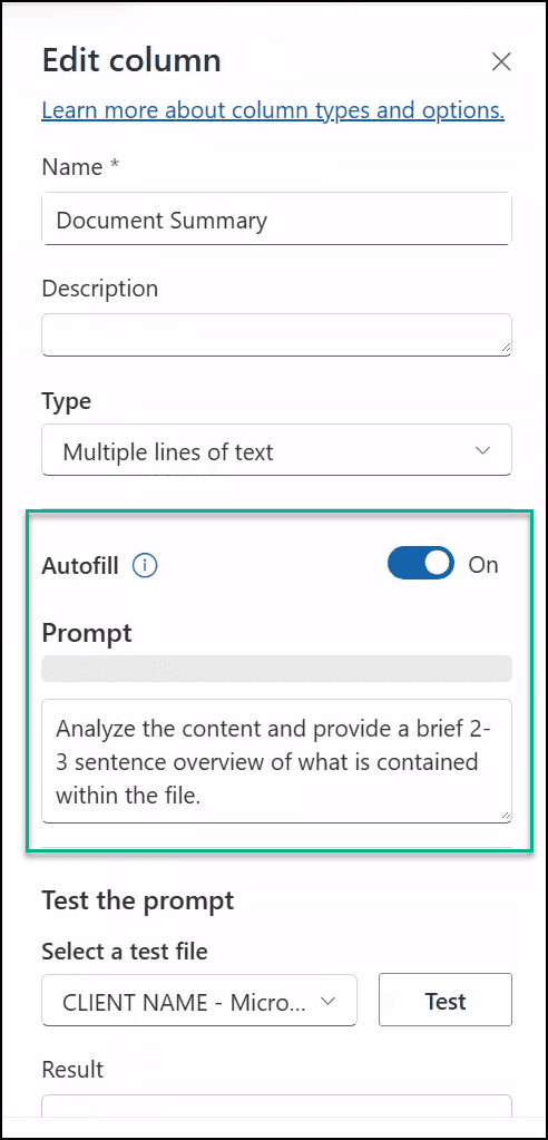 Column with an Autofill prompt