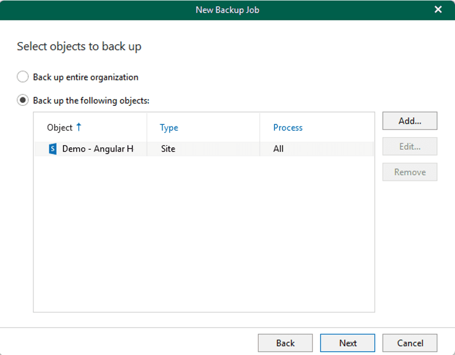 Select objects to back up