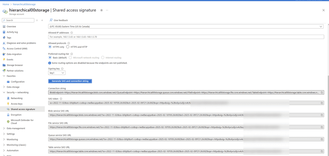 Create a SAS token for the storage account