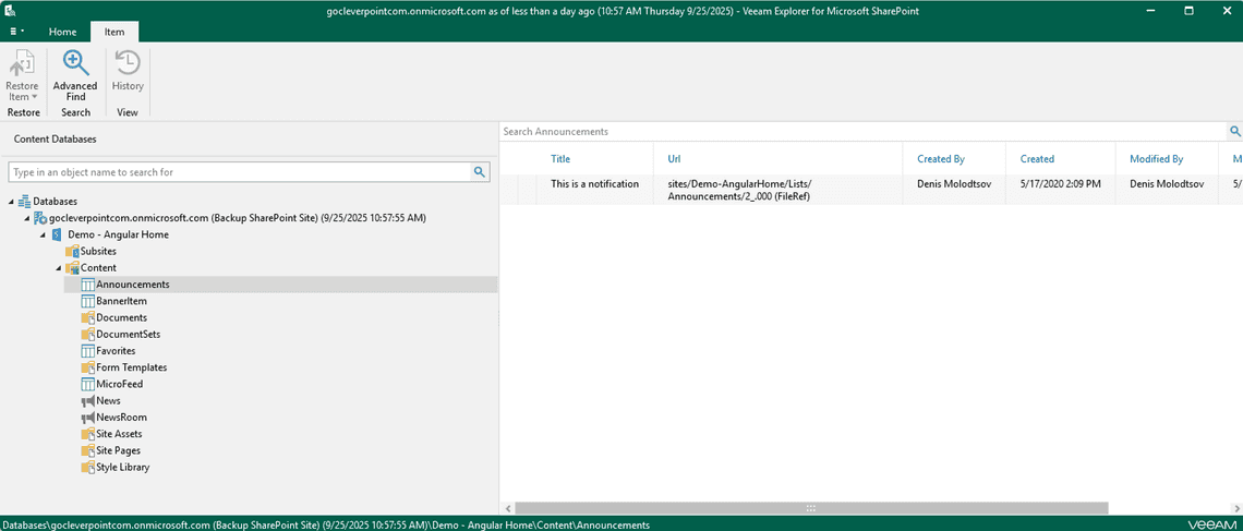 Browsing lists and libraries in the backup