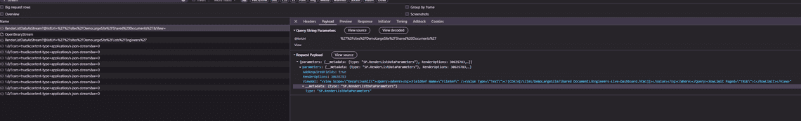 The request payload showing the view XML used to locate the HTML file