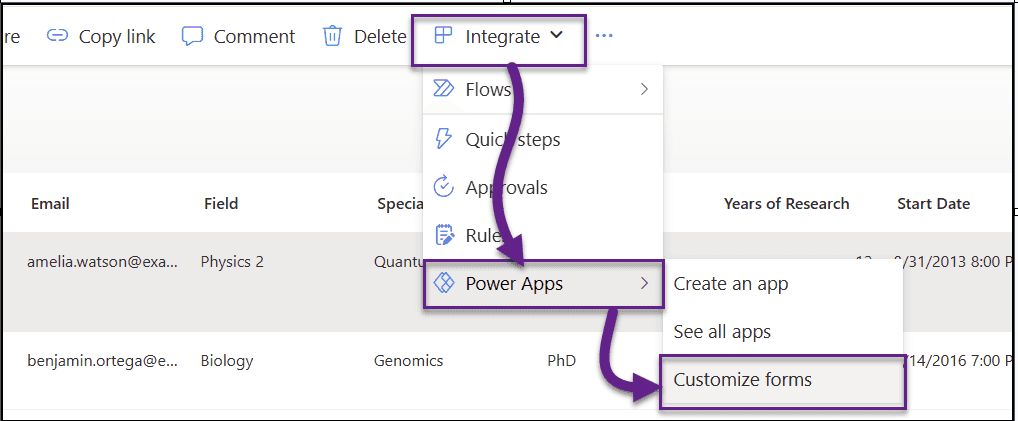 SharePoint list toolbar: Integrate > Power Apps > Customize forms