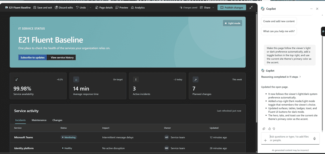 After a Copilot edit, the page uses the teal site theme and the visitor's dark mode