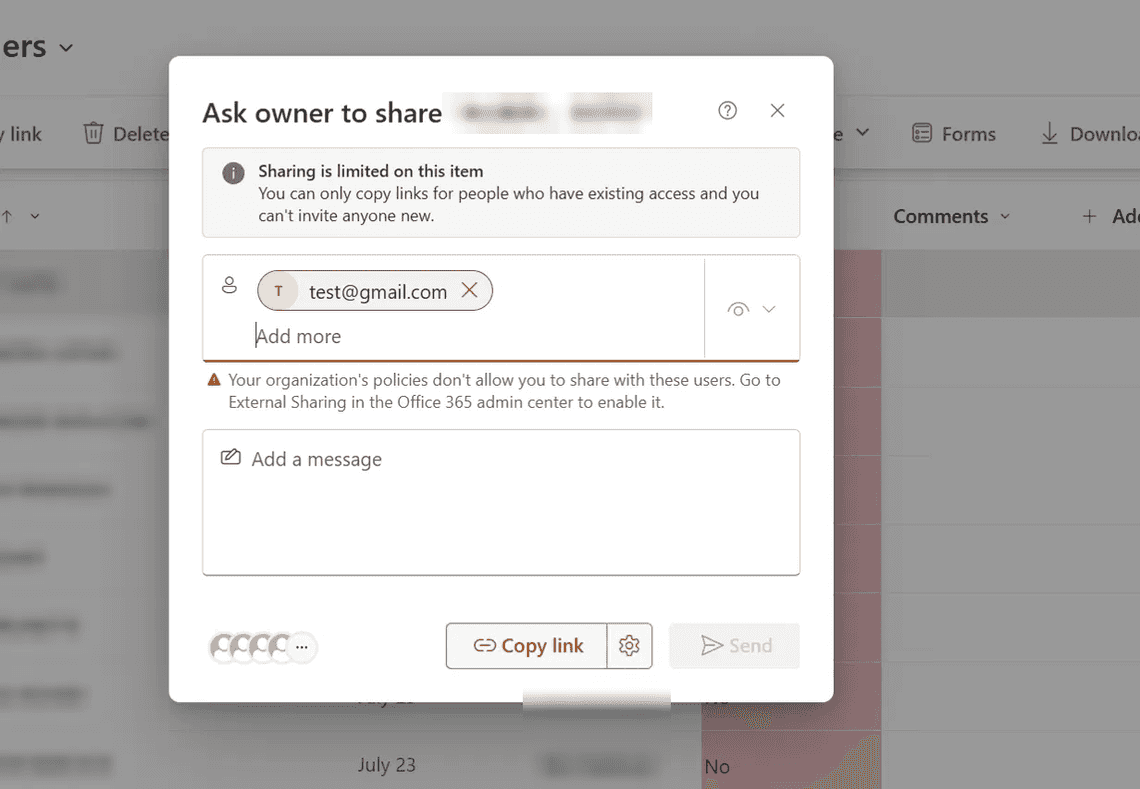 Ask owner to share: Your organization's policies don't allow you to share with these users