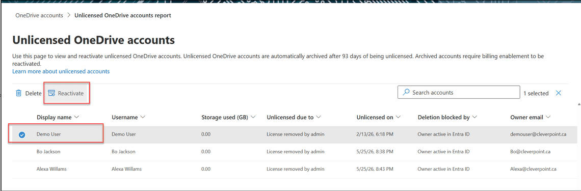 Reactivate button on a selected unlicensed OneDrive