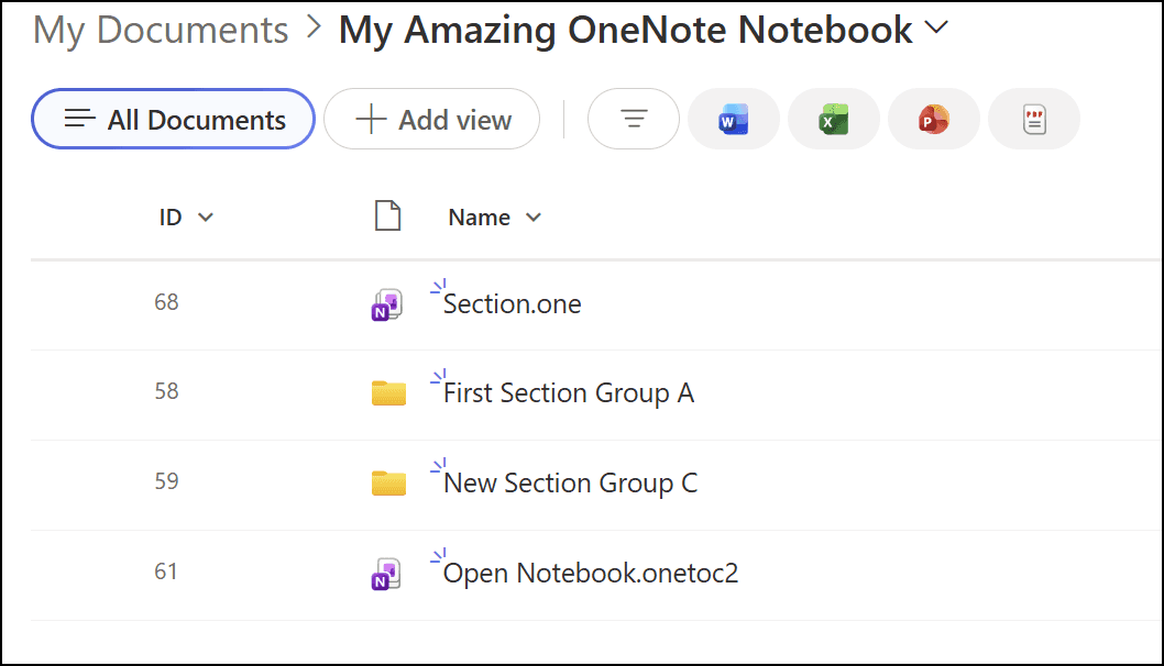 Contents of the OneNote folder.