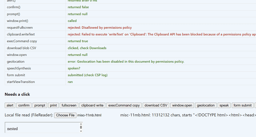 The test results for each browser feature