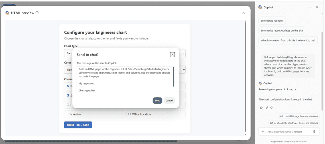 Configure your Engineers chart: a form Copilot built inside the chat