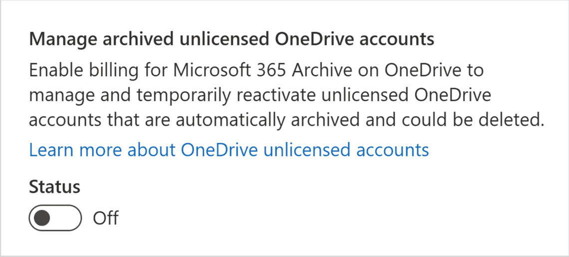 Manage archived unlicensed OneDrive accounts toggle