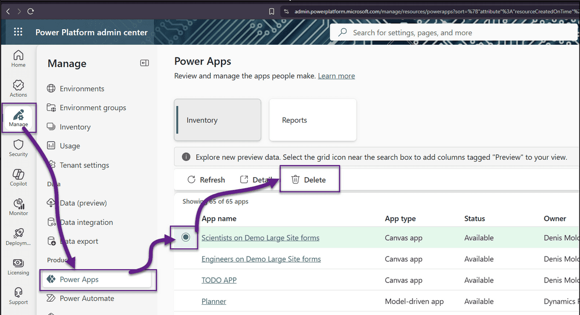 Power Platform Admin Center Canvas apps list with the form selected and Delete highlighted