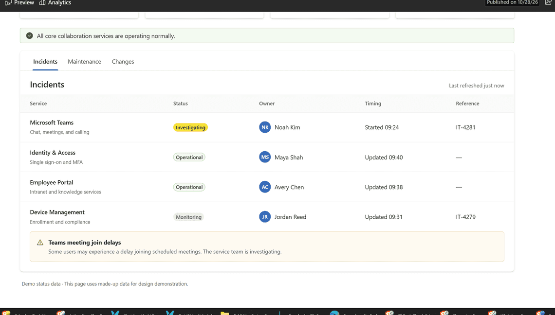 A status page built with real Fluent UI components