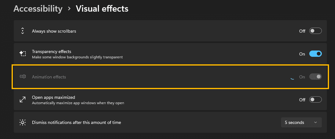 The Windows setting: Accessibility > Visual effects > Animation effects