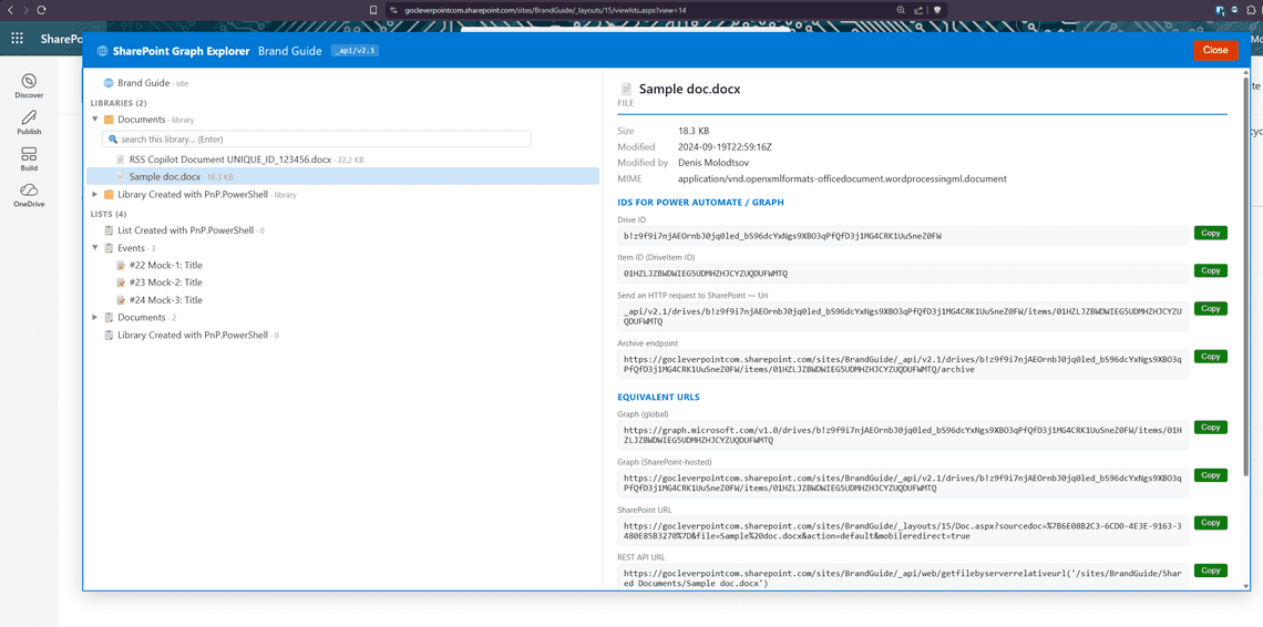 SharePoint Graph Explorer — file detail with Drive ID and Item ID