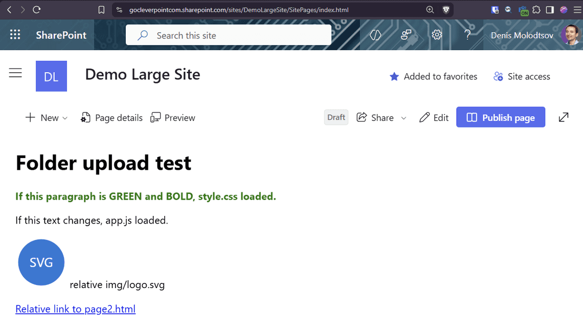 The uploaded page: the stylesheet worked (green text), the image loaded, but the script did not change the text
