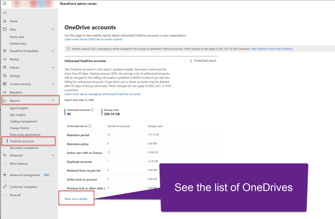 OneDrive accounts report with the View more details button