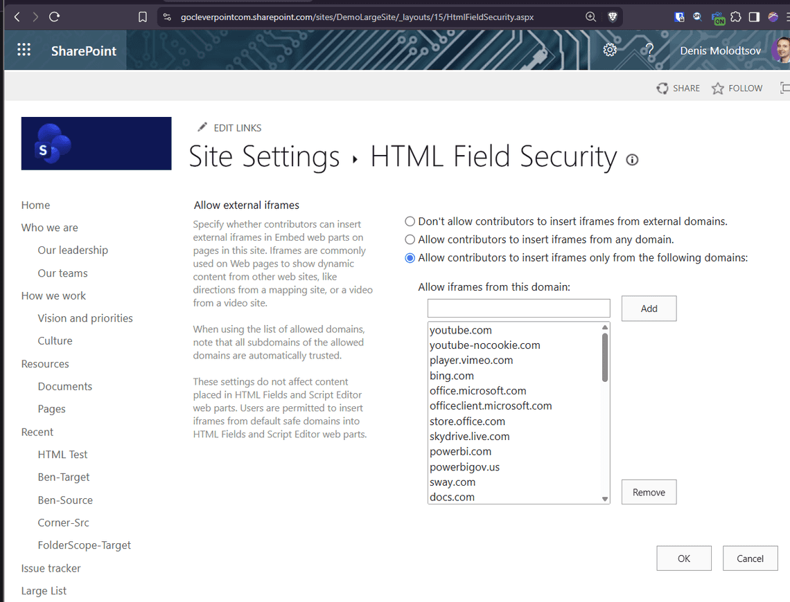 Site settings, HTML Field Security
