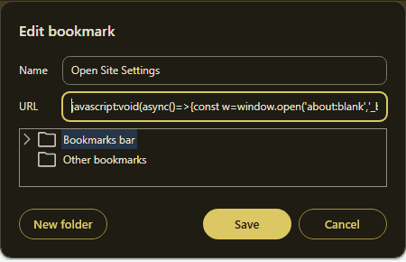 Edit bookmark dialog with the script pasted into the URL field