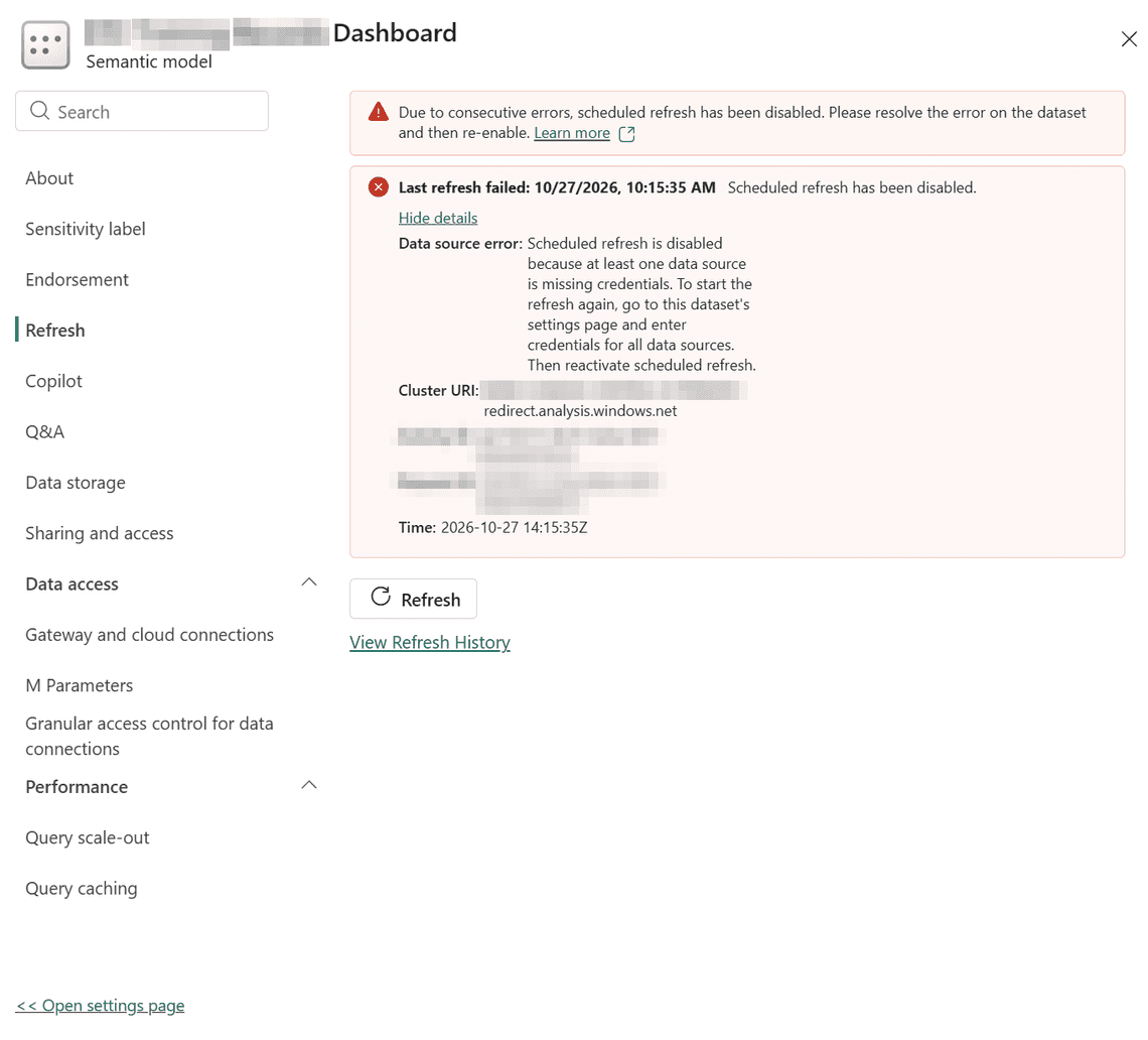 Refresh failed because a data source is missing credentials